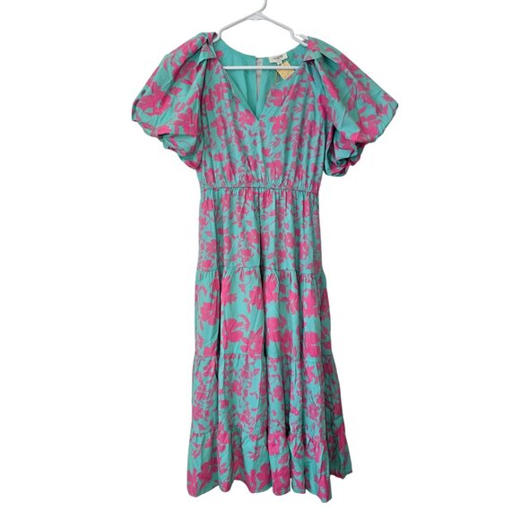Umgee Dresses & Skirts - Umgee Pink & Mint Floral Short Puff Sleeve Tiered Midi Dress w Pockets Small NWT